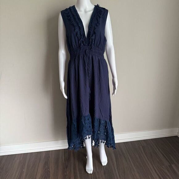 Navy Blue Summer Ruffle Tie Waist Dress XL - Picture 1 of 7